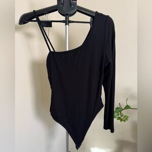 American Eagle Black Long Sleeve One Shoulder Ribbed Stretchy Bodysuit size XL